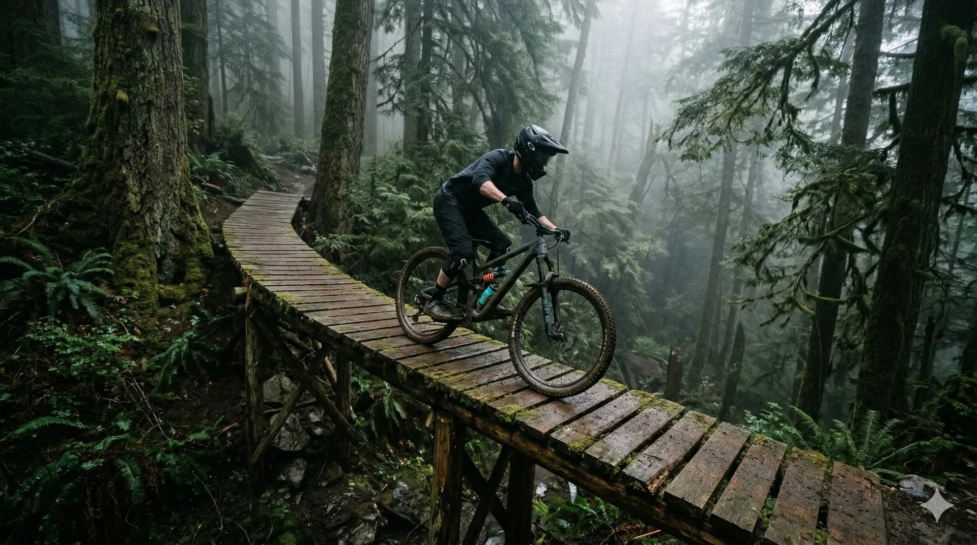 Mountainbiker auf einem Northshore-Element im Wald